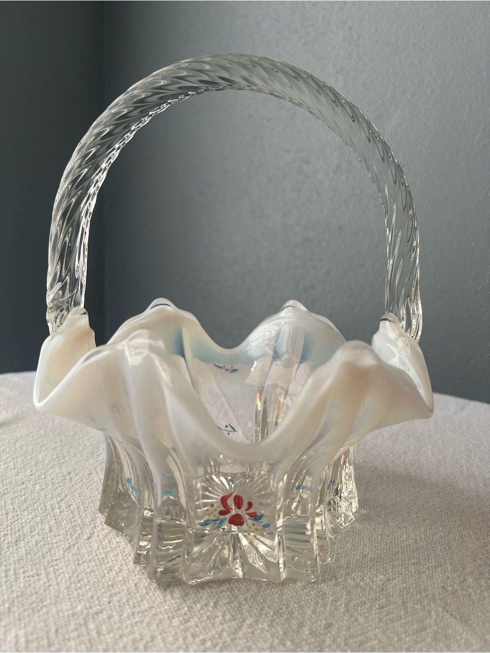 Vintage Fenton Hand Painted Satin Glass Basket White Ruffled Edge Twisted Handle